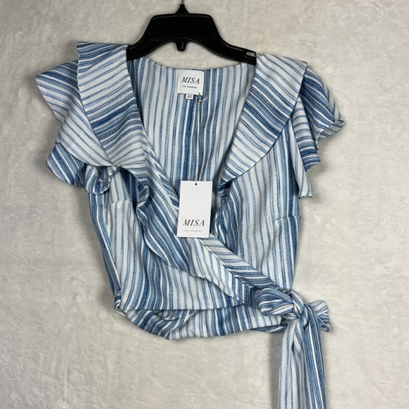 Misa Los Angeles Marah Blue White Stripe Ruffle Wrap Crop Linen Modal Top Blouse - Picture 7 of 16